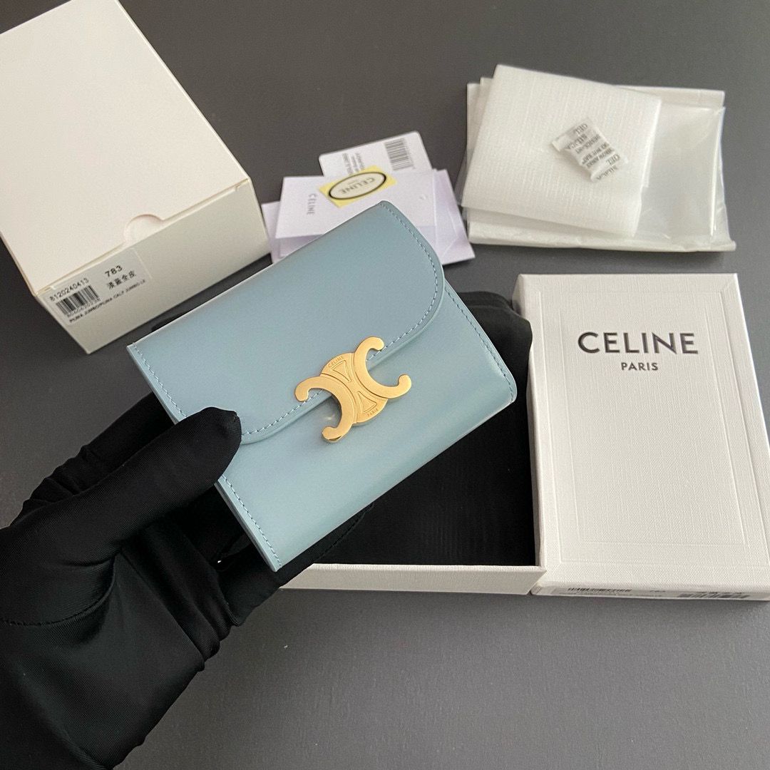Celine SMALL WALLET TRIOMPHE IN SHINY CALFSKIN 10D783 BLUE Celine SMALL WALLET TRIOMPHE IN SHINY CALFSKIN 10D783 BLUE