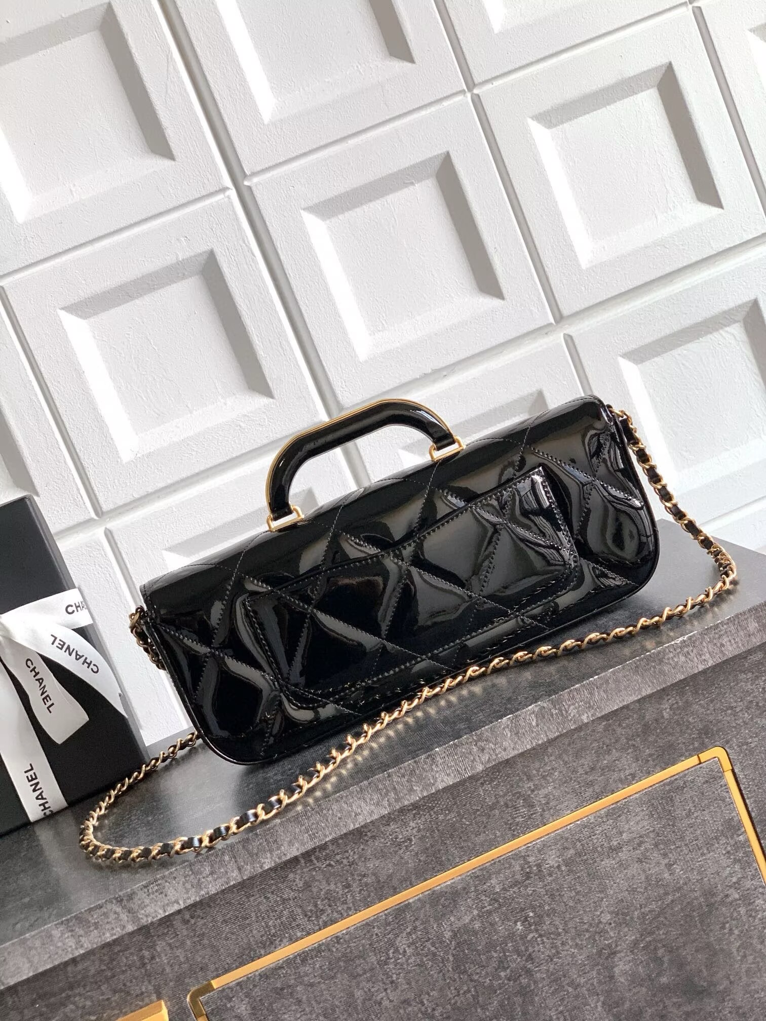 Chanel 25K Original Patent Leather Top Handle Bag A6321 Black