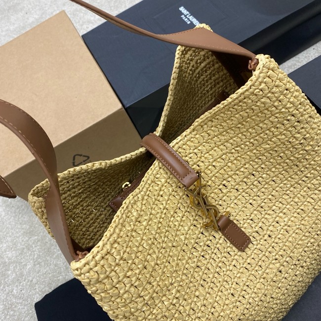 Saint Laurent LE 5 A 7 supple small in raffia and leather 823812 PALE BROWN AND BRICK