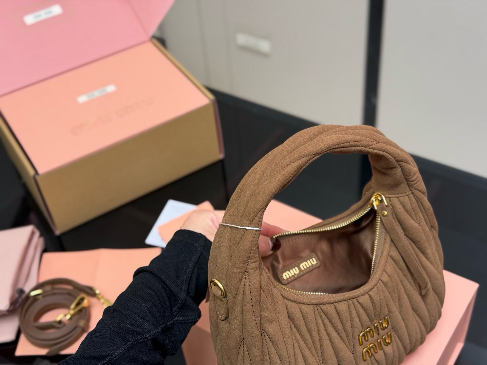 Miu Miu Women Wander Matelasse Suede Top Handle Bag MM63201 Dark Brown Miu Miu Women Wander Matelasse Suede Top Handle Bag MM63201 Dark Brown