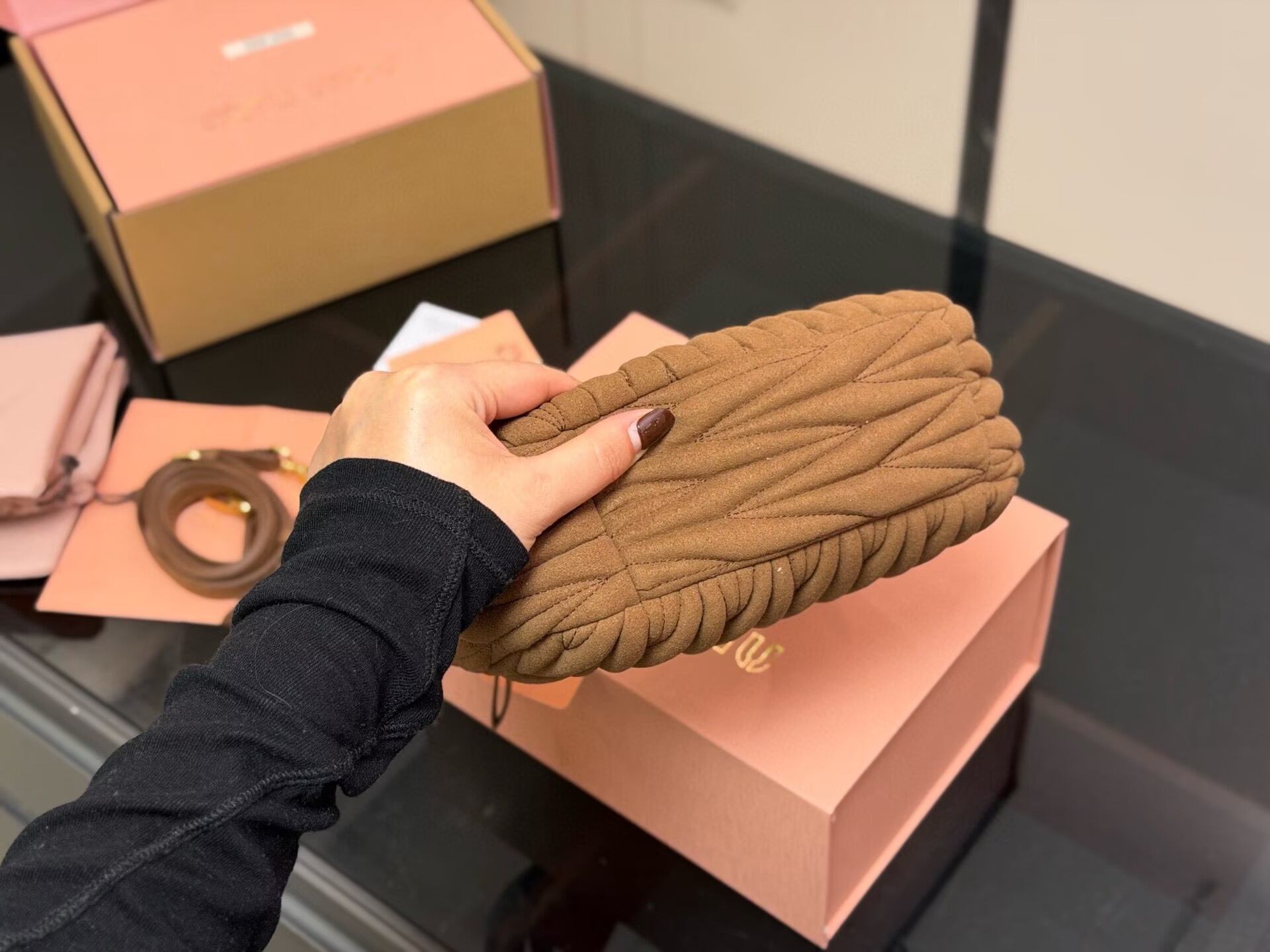 Miu Miu Women Wander Matelasse Suede Top Handle Bag MM63201 Dark Brown Miu Miu Women Wander Matelasse Suede Top Handle Bag MM63201 Dark Brown