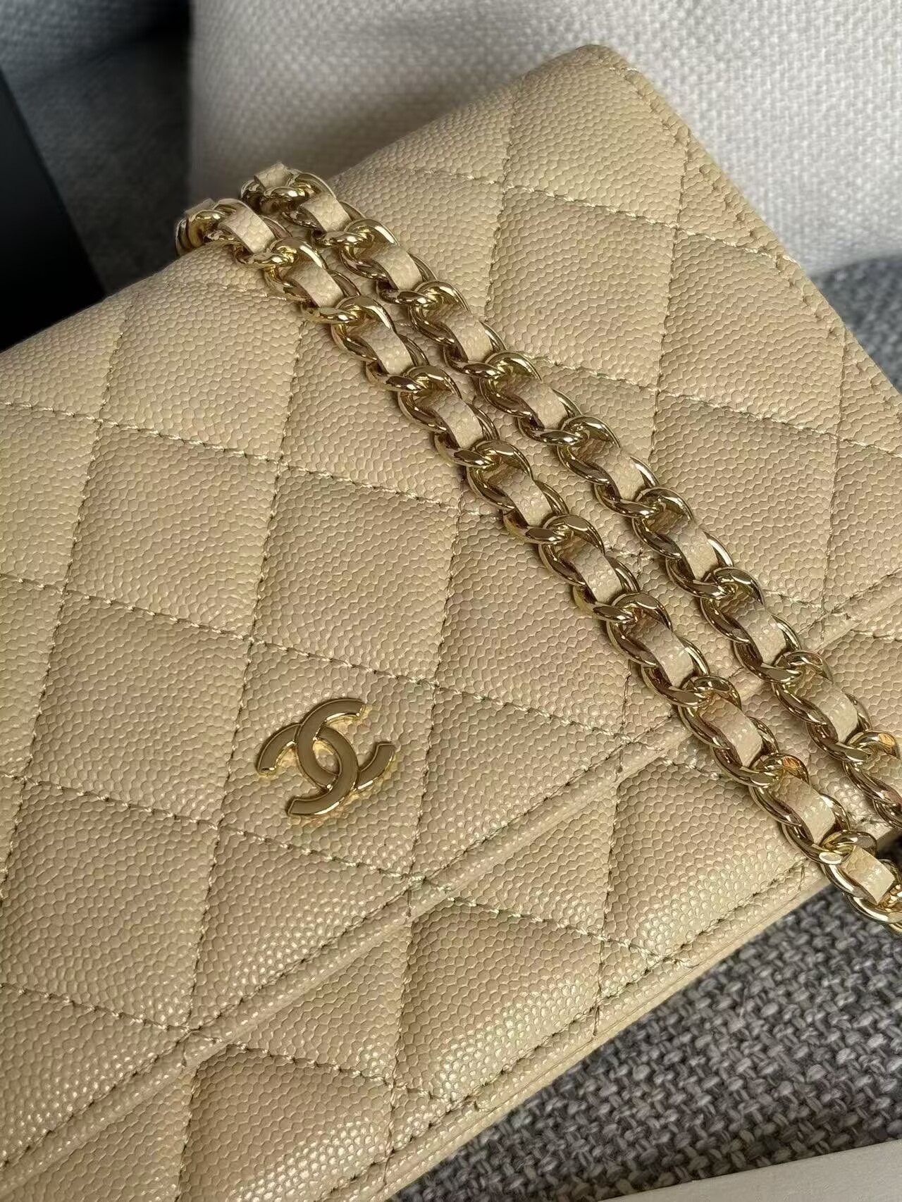 Chanel WOC Original Caviar Leather Flap cross-body bag CF33814 Beige Gold chain