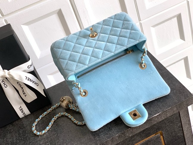 Chanel small Classic Handbag velvet AS1787 light blue
