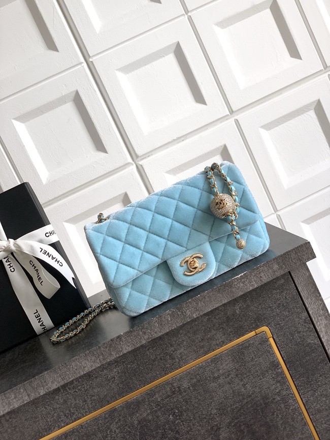 Chanel small Classic Handbag velvet AS1787 light blue