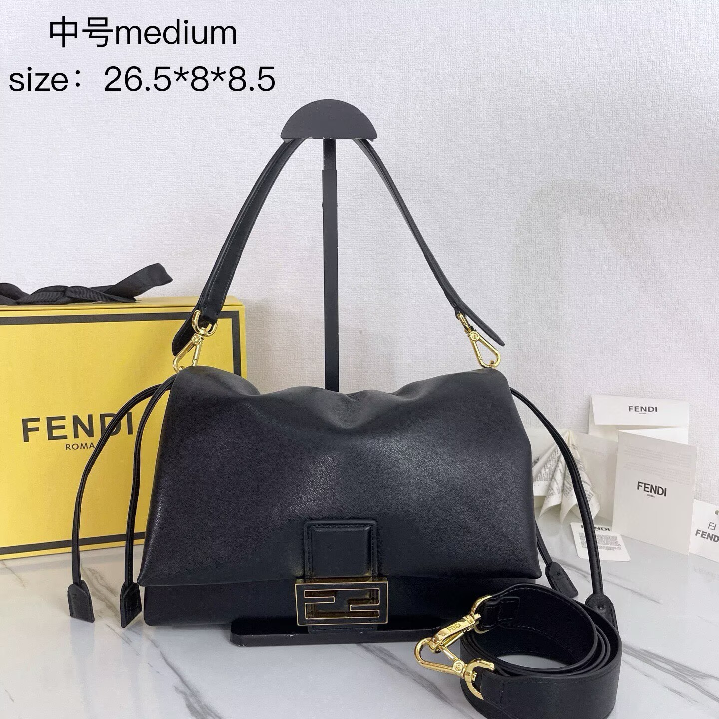 FENDI 2025 Mamma Baguette Original Leather Medium Bag FF8851 Black FENDI 2025 Mamma Baguette Original Leather Medium Bag FF8851 Black