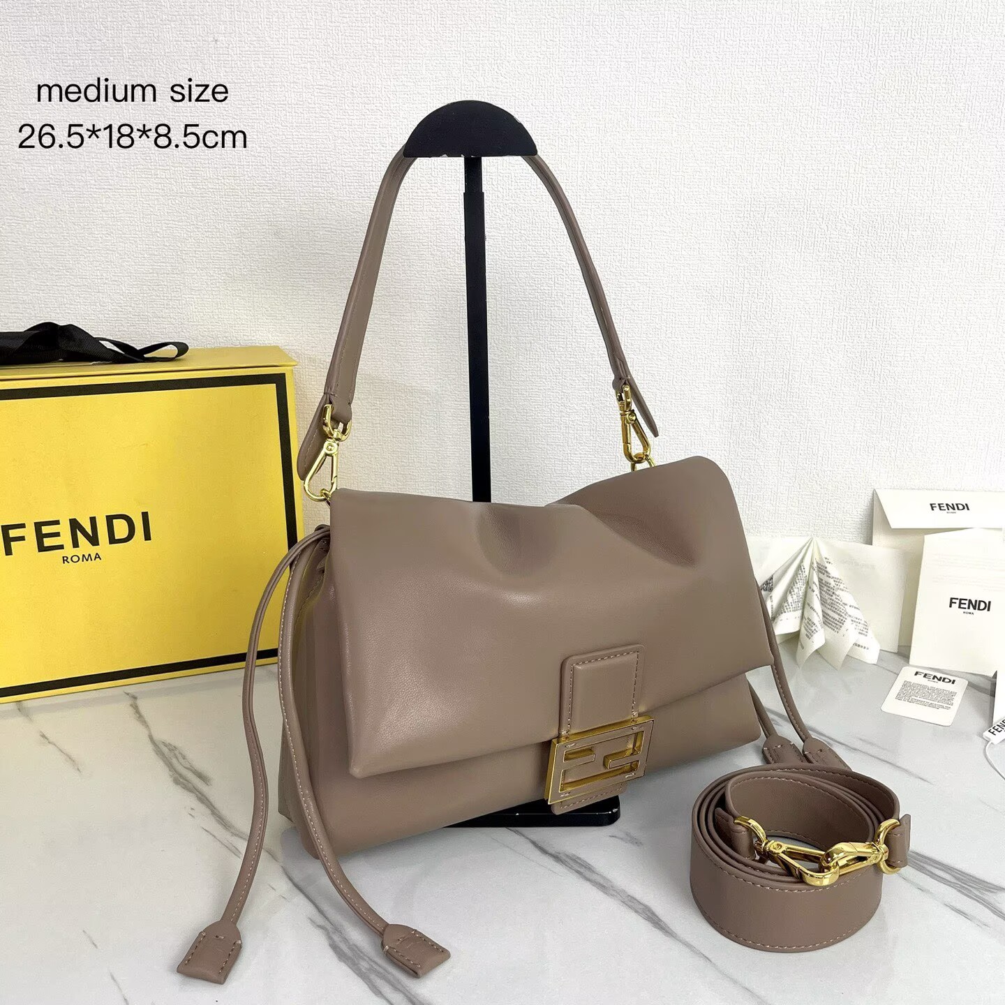 FENDI 2025 Mamma Baguette Original Leather Medium Bag FF8851 Gray