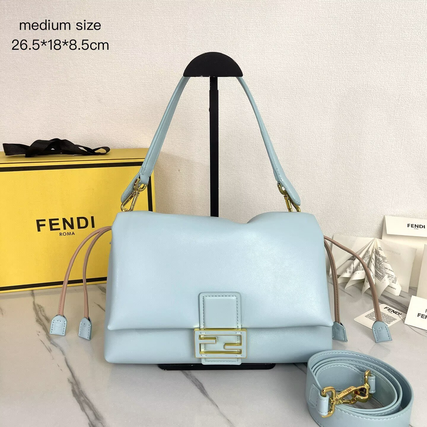 FENDI 2025 Mamma Baguette Original Leather Medium Bag FF8851 Light Blue FENDI 2025 Mamma Baguette Original Leather Medium Bag FF8851 Light Blue
