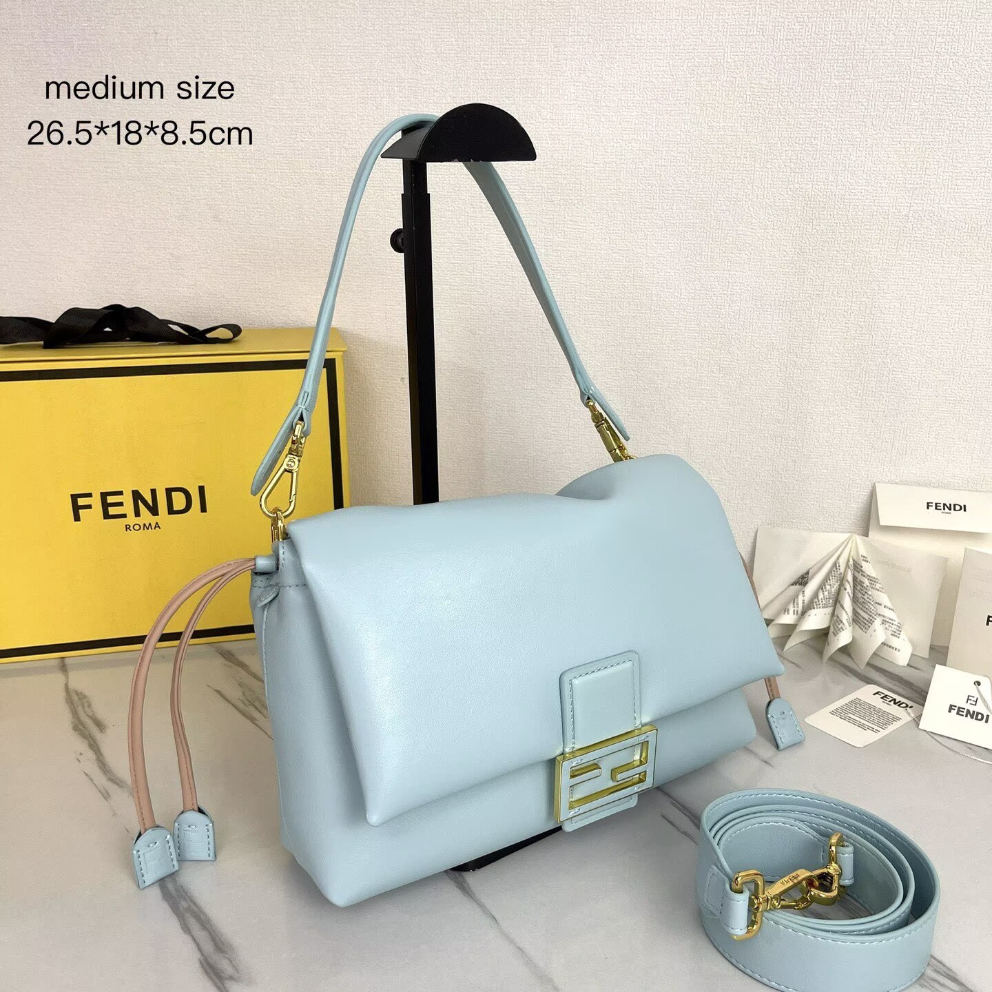 FENDI 2025 Mamma Baguette Original Leather Medium Bag FF8851 Light Blue FENDI 2025 Mamma Baguette Original Leather Medium Bag FF8851 Light Blue