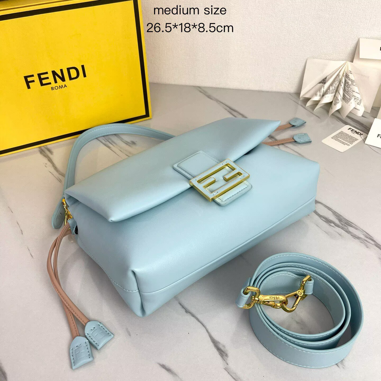 FENDI 2025 Mamma Baguette Original Leather Medium Bag FF8851 Light Blue FENDI 2025 Mamma Baguette Original Leather Medium Bag FF8851 Light Blue
