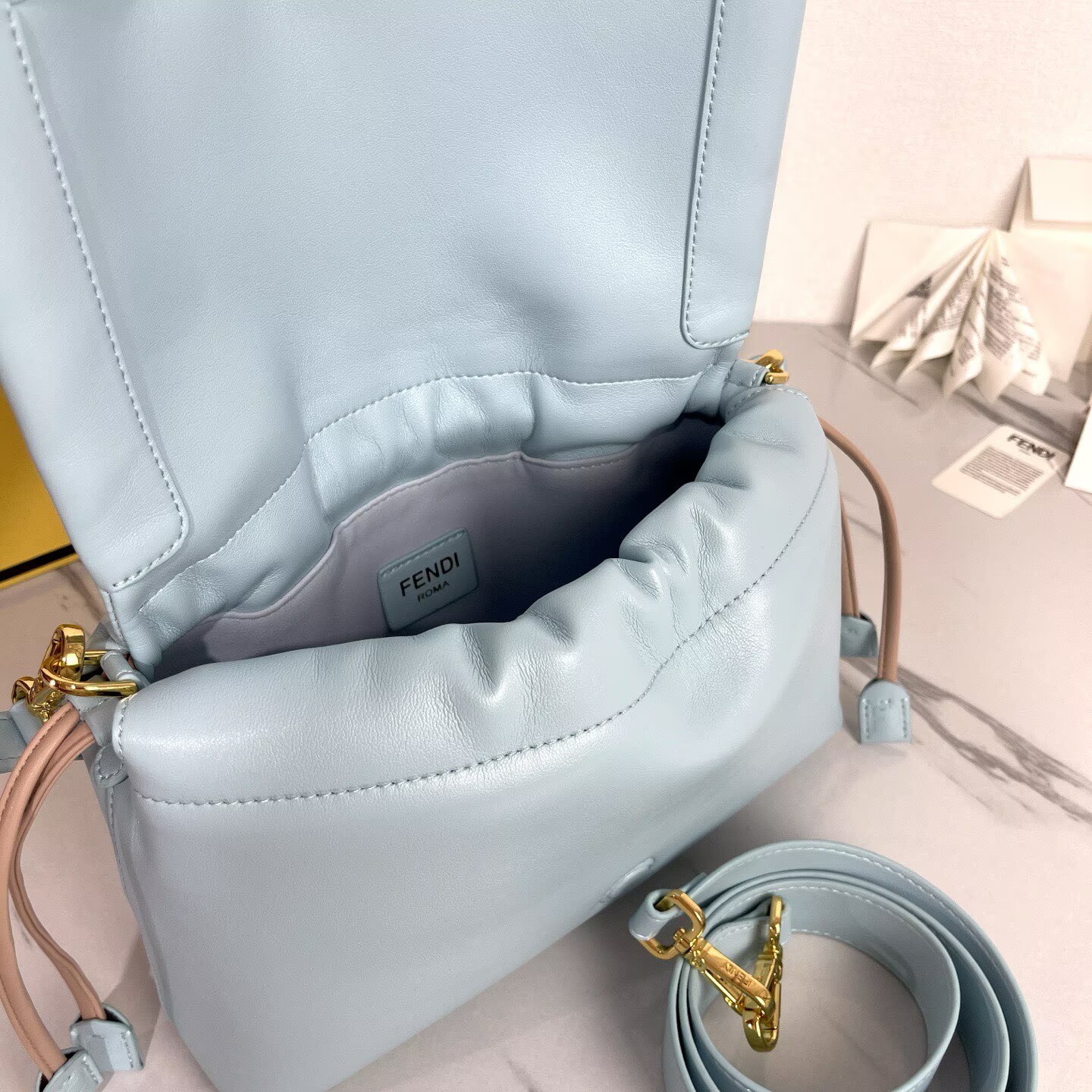 FENDI 2025 Mamma Baguette Original Leather Medium Bag FF8851 Light Blue FENDI 2025 Mamma Baguette Original Leather Medium Bag FF8851 Light Blue